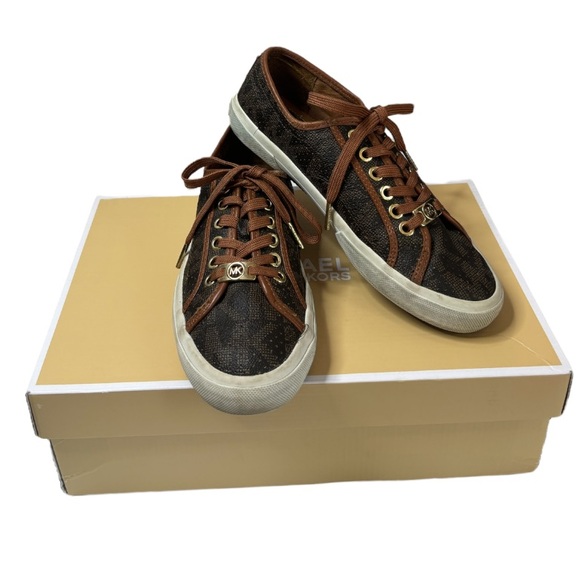Michael Kors Monogram Boerum Sneakers Brown Gold Luxury Designer MK Logo Size 6M - Picture 3 of 16